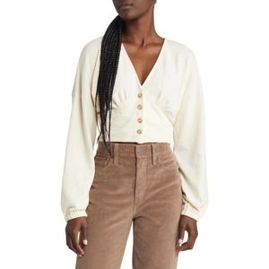 Madewell Womens Deep-V Button-Front Crop Antique Cream Top Size S